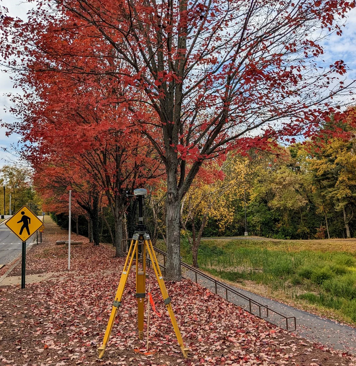 A survey mapping camera on a tripod sitting on a city sidewalk in front of a maple tree in autumn, the orange and red fallen leaves cover the ground.
