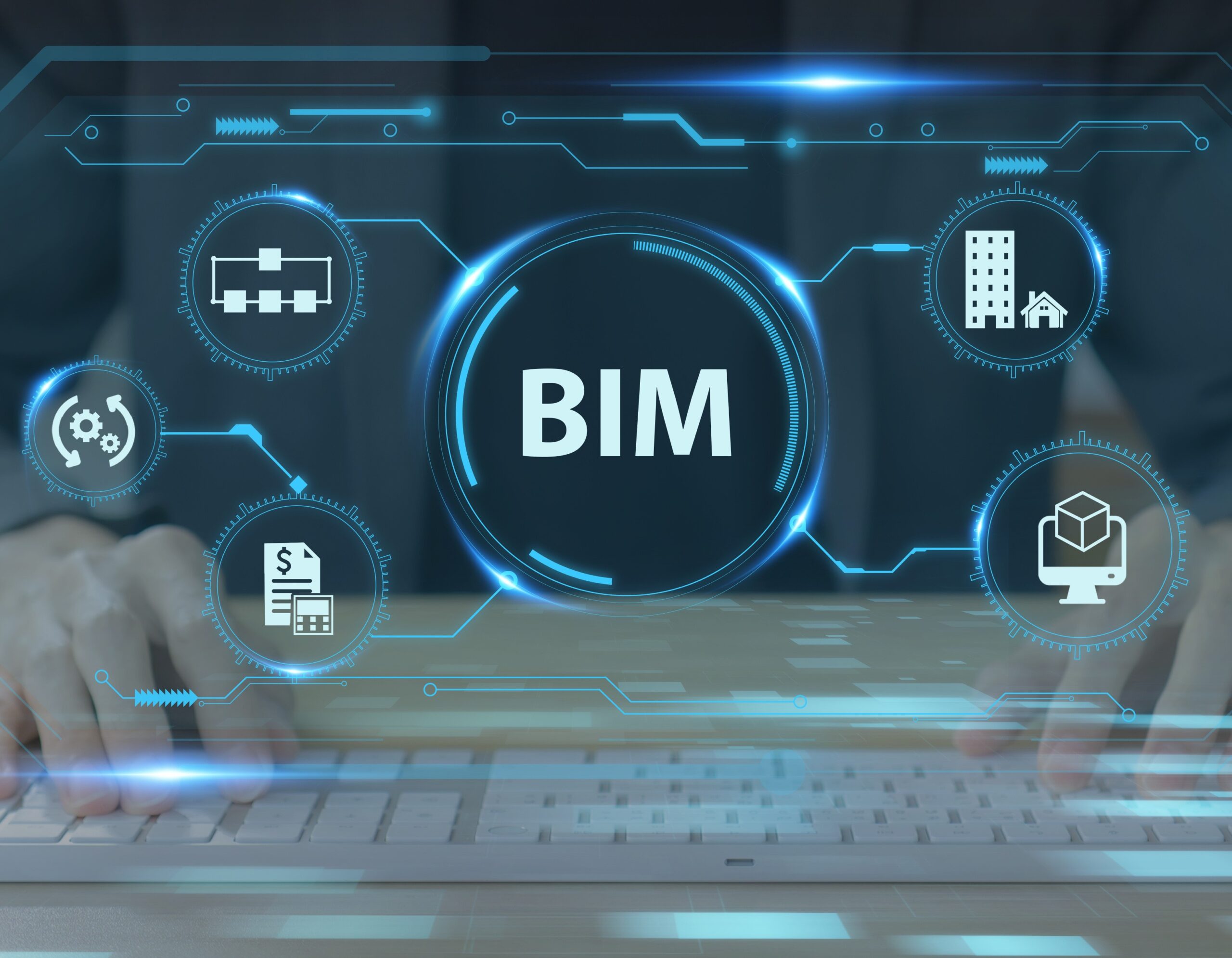 BIM Building Information Modeling. Industry construction, from start to finish. Working and planning for creating construction model, information and model simulated program. Operational efficiency.